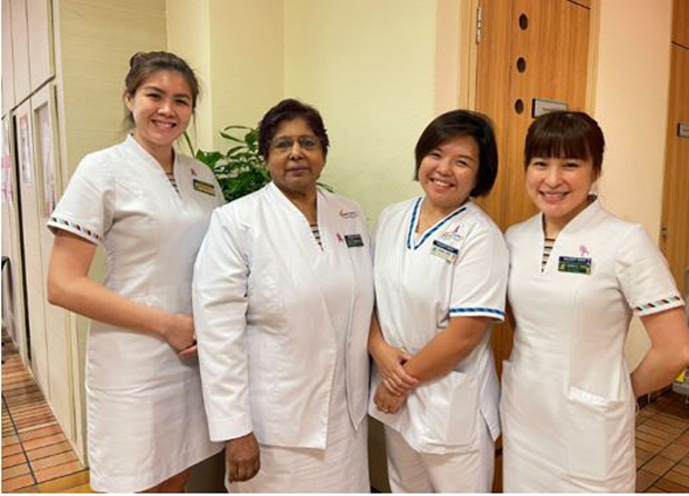  ​Sister Sara with the Breast Care Nursing team in SGH (from left) NC Krismaine Ng, Sister Sara, SSN Laura New and NC Bernice Yong)