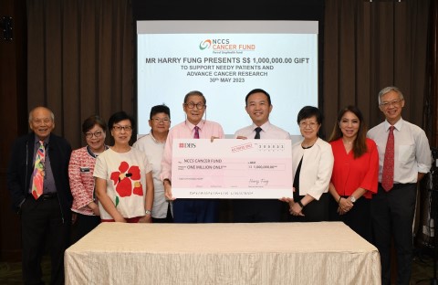  Caption Mr Harry Fung (5th from left) presenting a $1 mil cheque to Prof William Hwang, CEO, NCCS, (4th from right) which will go towards supporting needy patients and advancing cancer research at NCCS.
 From left to right Mr. Daniel Teo, Chairman & Managing Director, Hong How Group; Dr. Karmen Wong, Medical Director, Icon Cancer Centre; Ms. Nancy Sim; Ms. Jessica Fung; Mr. Harry Fung; Prof William Hwang, CEO, NCCS; Dr. Miriam Tao, Senior Consultant, Division of Medical Oncology, NCCS; Ms. Tan Su Shan, Managing Director, Group Head, Institutional Banking, DBS; and Prof London Ooi, Senior Consultant, Division of Surgery & Surgical Oncology, SGH & NCCS
